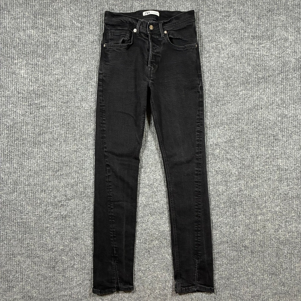 ZARA Womens Skinny Jeans Size 30 Black Denim Slim Fit Stretch Slit Hem Mid Rise